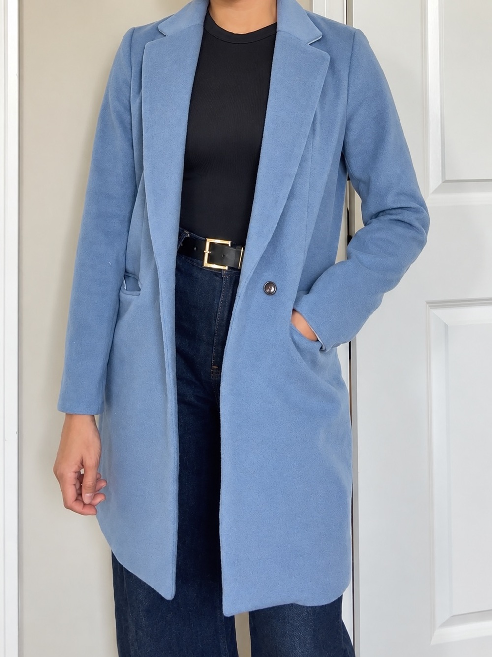 Women’s Light Blue Tailored Long Lightweight Coat with Pockets Minimalist Size S